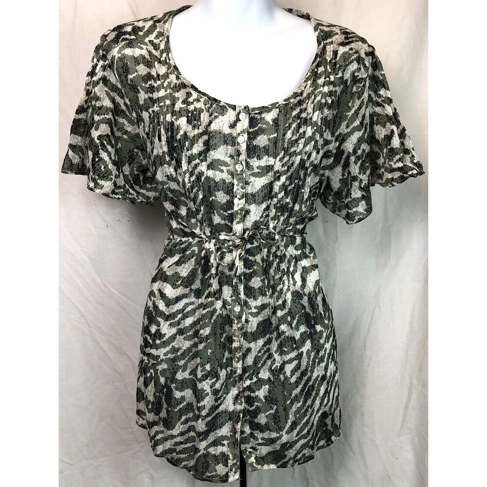 Style & Co Peplum Gauzy Top 16 Green Zebra Pleat Button Up Tie Waist ShortSleeve